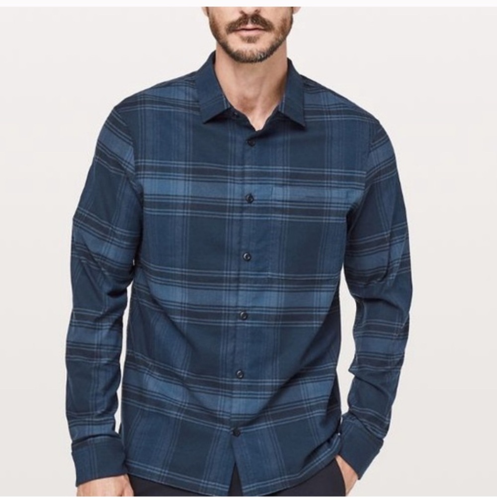 lululemon athletica Navy Checkered Button Down flannel Shirt